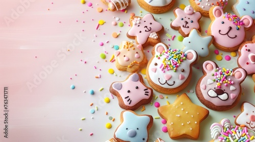 With Copy Spacehttps://as2.ftcdn.net/jpg/07/63/47/17/220_F for Text to the Left, a Festive Array of Animal-Shaped Biscuits Decorated with Colorful Icing and Sprinkles, Laid Out on a Pastel Background.