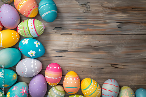 Colorfully painted Easter eggs are arranged on a wooden surface, showcasing a festive celebration