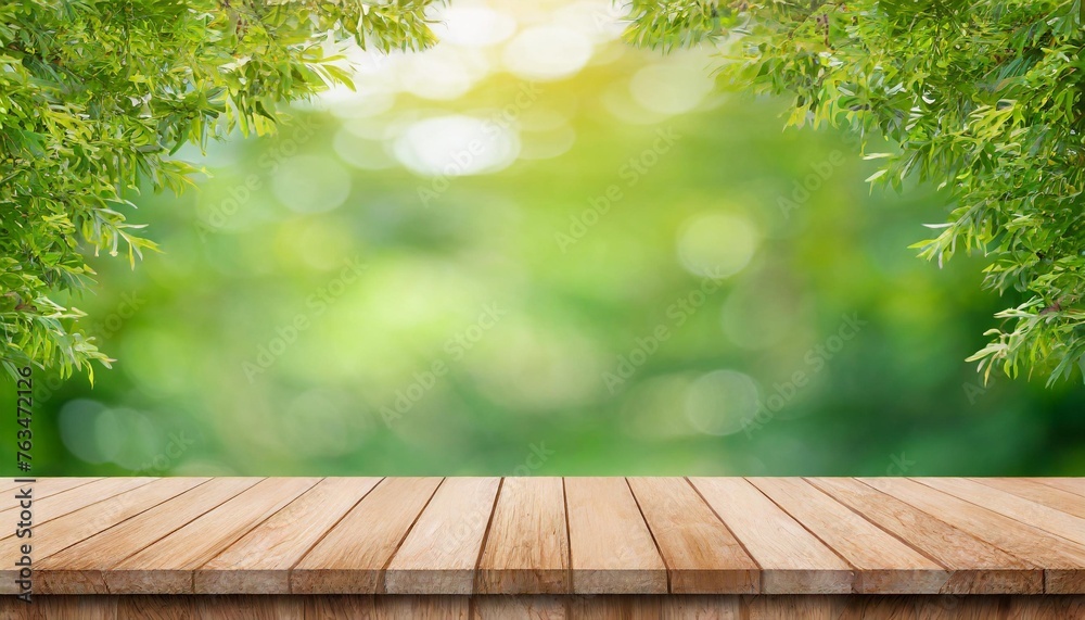 empty wooden table or shelf over green blurred nature background summer background with empty space for product display