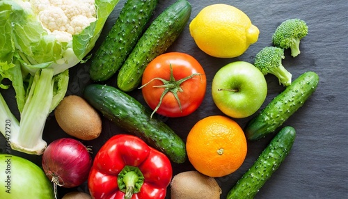 fresh and vibrant assortment of healthy vegetables and fruits top view on dark background