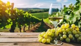 empty wooden table top with glass of white wine on vineyard background with copy space the concept of agricultural cultivation of grapes and wine production wine festival generative