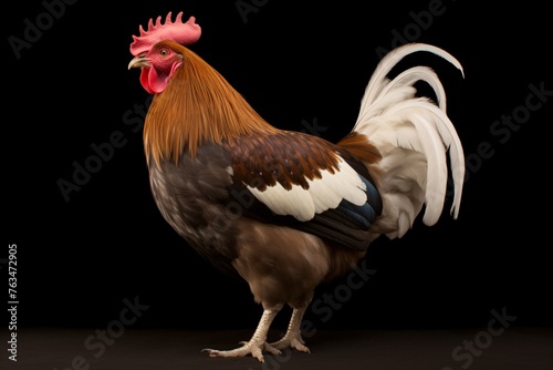 a rooster standing on a black background