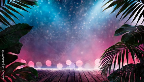 empty scene background abstract background with multicolored bokeh and neon lights silhouettes of tropical leaves