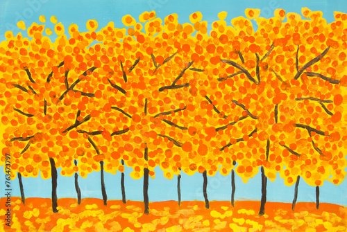 Yellow-orange autumn trees acrylic painting