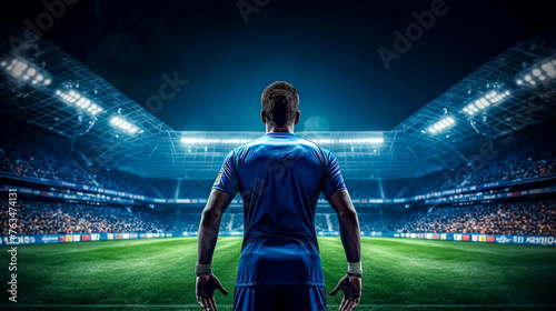 A soccer player stands on a field in front of a stadium full of people. The stadium is lit up, creating a bright and exciting atmosphere. The player is wearing a blue jersey and is ready to play