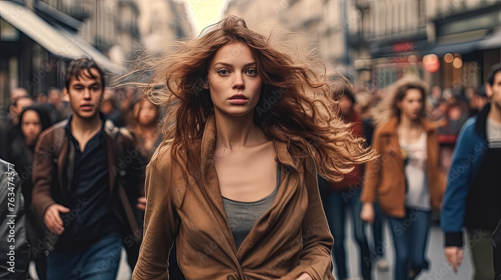 A woman with long red hair is walking down a crowded street. The scene is bustling with people, and the woman stands out as the main focus. Concept of energy and movement A woman with long red hair is walking down a crowded street. The scene is bustling with people, and the woman stands out as the main focus. Concept of energy and movement