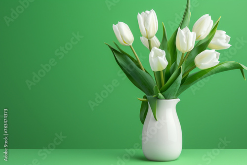 white tulips and green leaves in vase