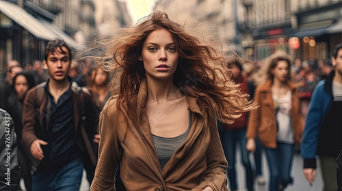 A woman with long red hair is walking down a crowded street. The scene is bustling with people, and the woman stands out as the main focus. Concept of energy and movement