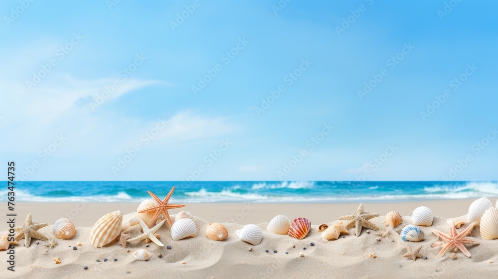 Tropical vacation banner seashells, corals, and starfish on white sand beach, summer travel theme