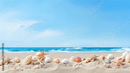 Tropical vacation banner seashells, corals, and starfish on white sand beach, summer travel theme