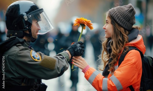 A moment of peace, as a woman gives a rose to a riot police officer during a protest photo