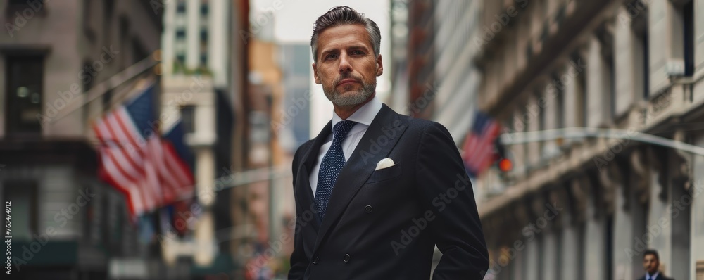 Well-dressed man in a suit walks with purpose on a New York City street