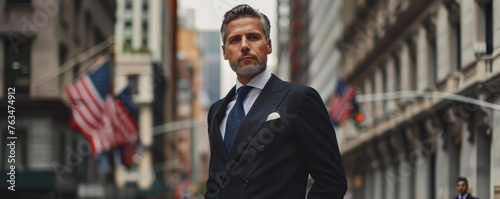 Obraz na płótnie Well-dressed man in a suit walks with purpose on a New York City street w salonie