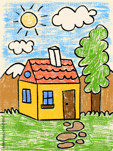 Crayon Children's Drawing Yellow Building with a Garden