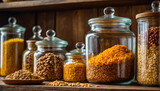 various  natural  dry cereals in glass jars in the kitchen