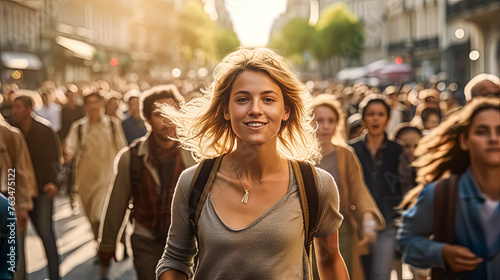 A woman is walking down a crowded street with a backpack. She is smiling and she is enjoying the bustling atmosphere photo
