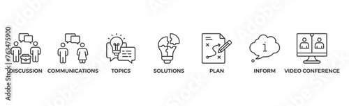 Meeting banner web icon business meeting and discussion with communications, topics, solutions, plan, inform and video conference icon