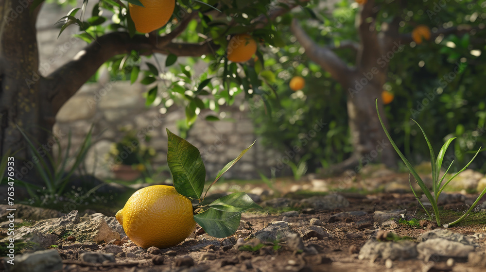A ripe lemon fallen on the soil in a sunlit orchard.
