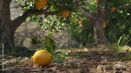 A ripe lemon fallen on the soil in a sunlit orchard.