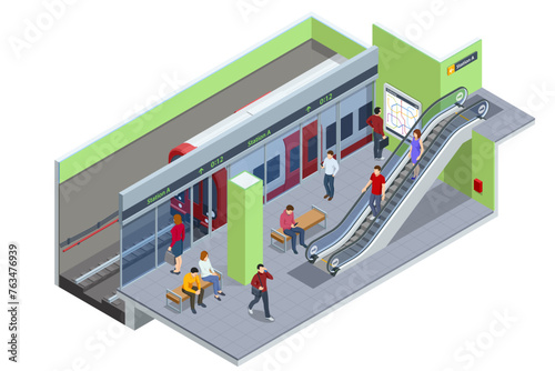 Isometric subway station platform. Included underground train, station. Subway station, railway rapid transit system, metro platform