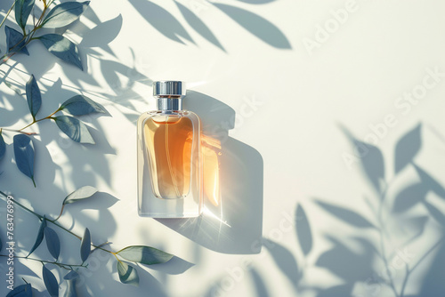 Bottle of essence perfume on white background with sunlight and shadows of leaves. Minimal style perfumery template