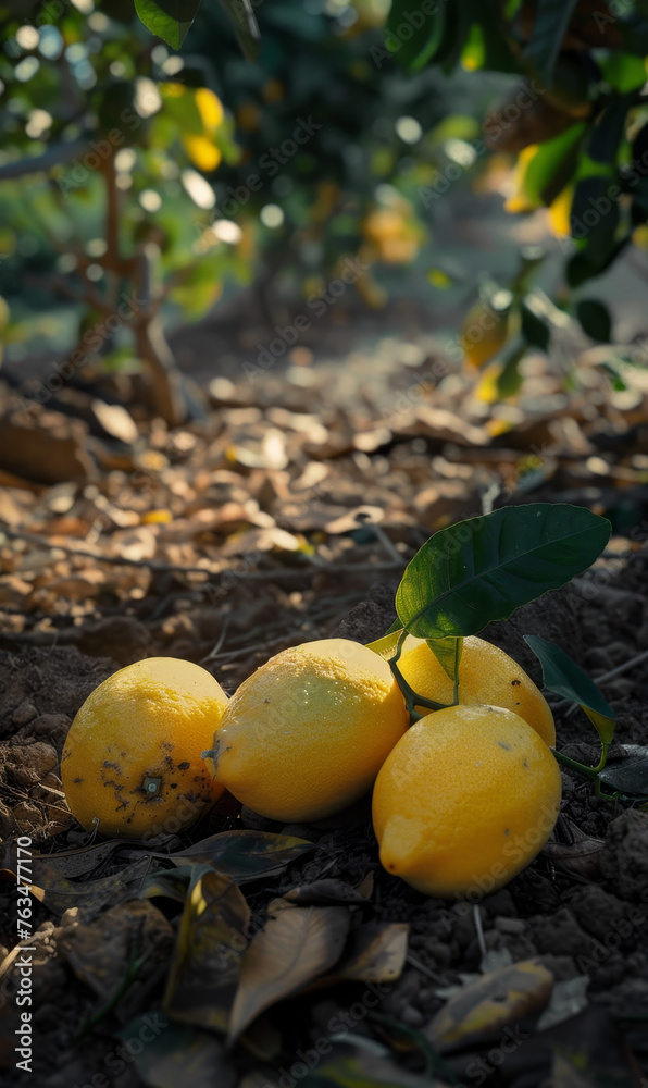 Fresh lemons on the ground amidst an orchard's shade.