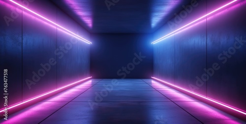 Empty hallway with vibrant neon lighting design.