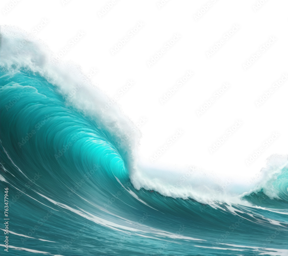 Tsunami tidal wave with sea foam, storm, ocean. Png isolated on transparent background.  Teal and white water splash