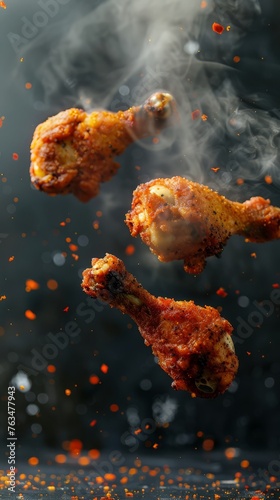 pieces of spicy fried Chicken Drumsticks floating in the air with a gray smoke background.