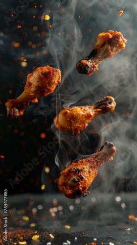 pieces of spicy fried Chicken Drumsticks floating in the air with a gray smoke background.
