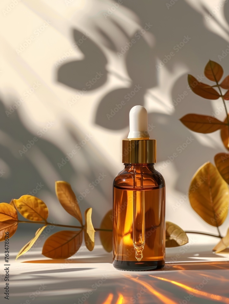 (Skincare Mockup) Golden Dropper Bottle with Plant Shadows on White (Skincare Mockup) Golden Dropper Bottle with Plant Shadows on White