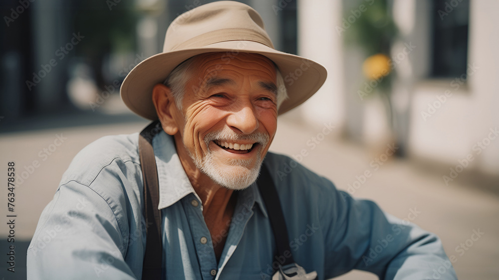 An older man with a white beard smiles at the camera in outdoor An older man with a white beard smiles at the camera in outdoor