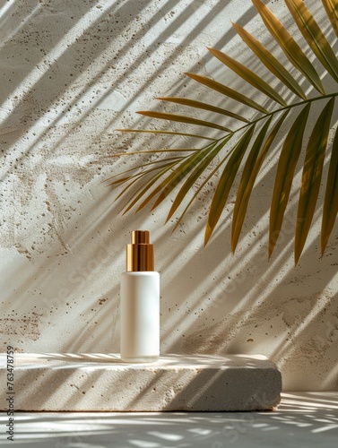 (Skincare Mockup) Elegant Skincare Bottle with Tropical Palm Shadow