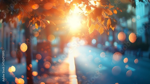 Street in backlight with bokeh, lensflares and sunbeams photo