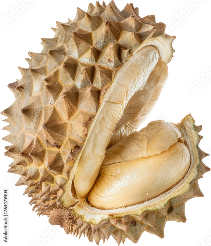 Fresh durian fruit with exposed pulp, cut out transparent photo