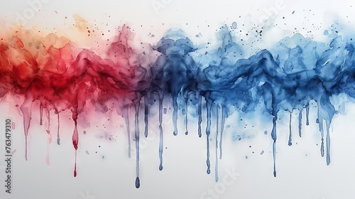 The background consists of a bright watercolor image depicting a blue-red stain drip on a white background. A banner for the text, a grunge element for decoration is included. photo