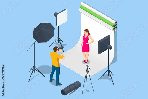 Isometric Photographer and model in studio. Modern photo studio with professional equipment. Young man using a professional camera.