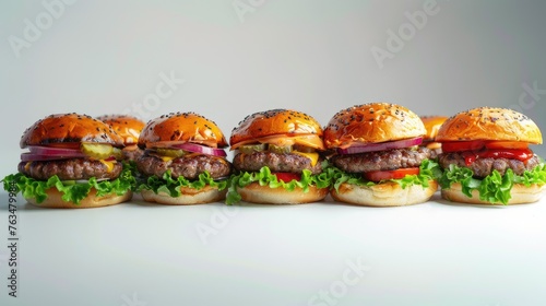 A tempting array of gourmet hamburgers with assorted toppings isolated on a clean white background, perfect for food lovers