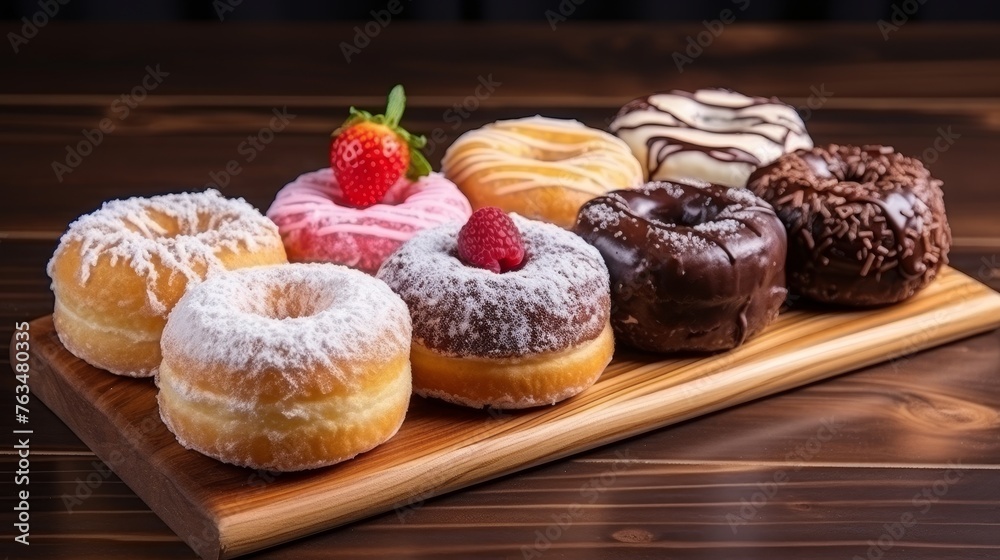 Assorted donuts with fresh fruits on wooden board in modern cafe setting, table display Assorted donuts with fresh fruits on wooden board in modern cafe setting, table display