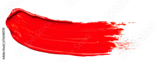 Red paint brush stroke isolated on white background, smudged makeup products.