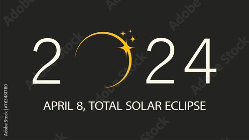Total solar eclipse 2024 banner template with information text. Horizontal poster, card, typography design with copy space for text. Modern simple flat vector illustration on dark gray background