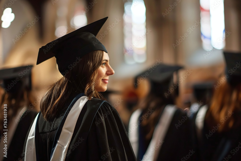 A happy graduate in a black robe and academic cap stands at graduation awaiting the presentation of her diploma A happy graduate in a black robe and academic cap stands at graduation awaiting the presentation of her diploma