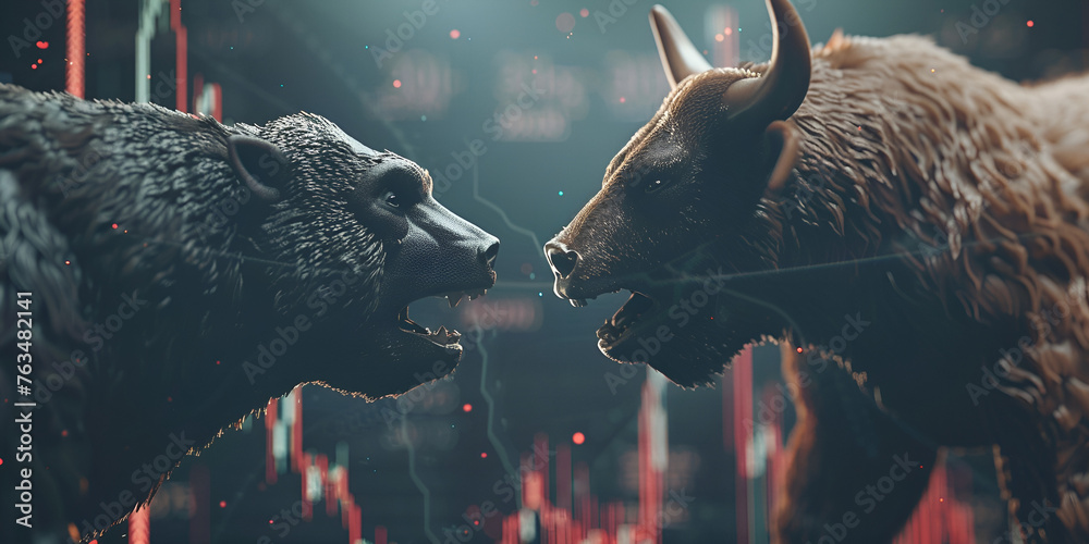 Silver painted bull and bear sculpture staring at each other in dramatic contrasting light representing financial market trends under blue-black background. - obrazy, fototapety, plakaty 