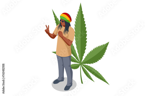 Isometric CBD vending machine. Hippie style African Rastafarian smoking cigarettes with medical marijuana