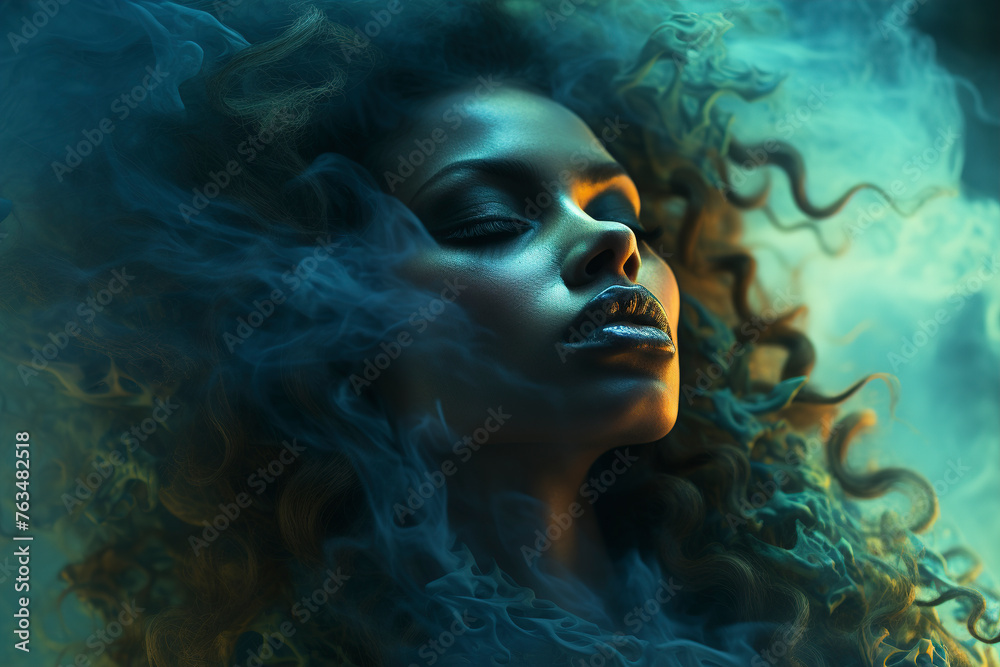 Beautiful woman's face in smoke. Woman face silhouette from smoke. Woman's face in vape smoke. Head of a beautiful woman in cigarette smoke. Vape light.