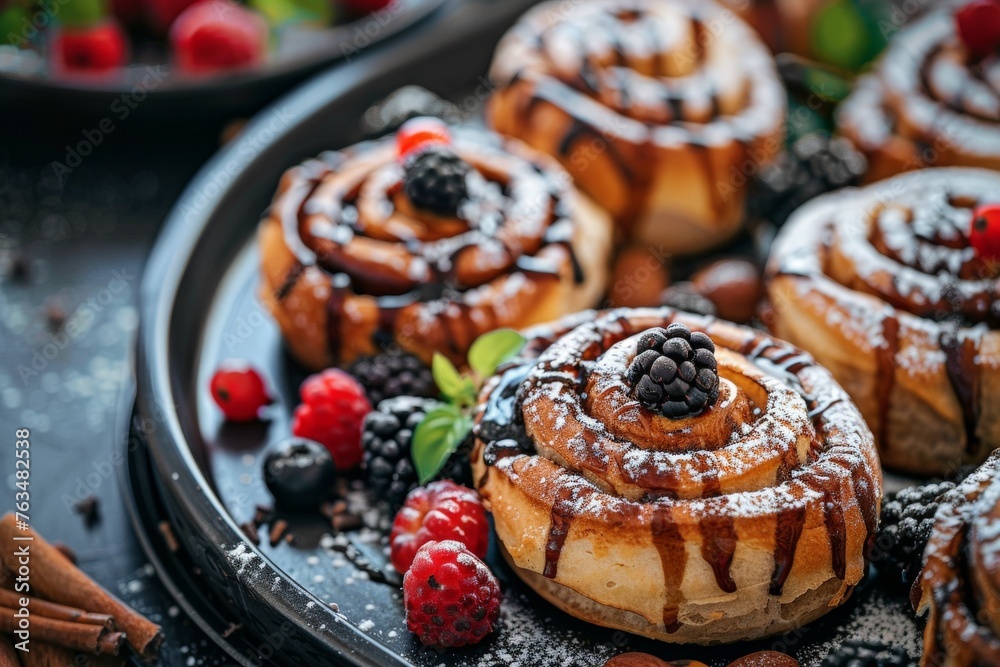 Cinnamon Rolls With Icing on Black Plate
