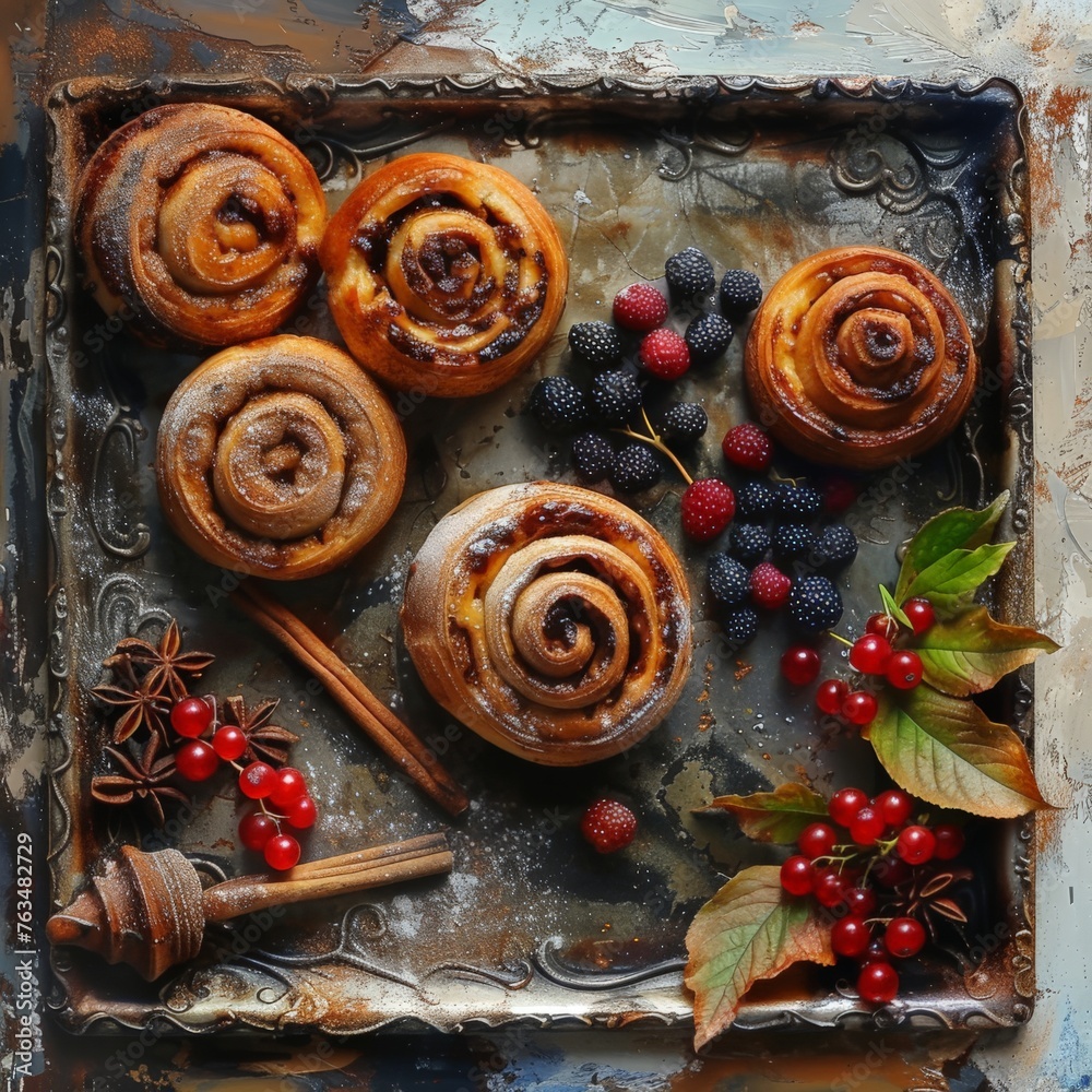 Cinnamon Rolls With Berries and Cinnamon Sticks Cinnamon Rolls With Berries and Cinnamon Sticks
