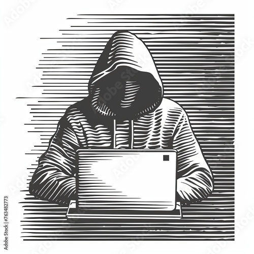 Guy hacker sits at a table in front of a laptop on a dark background. The man is stealing data. The concept of cybercrime and cybersecurity. Imitation sketch print in black and white coloring.