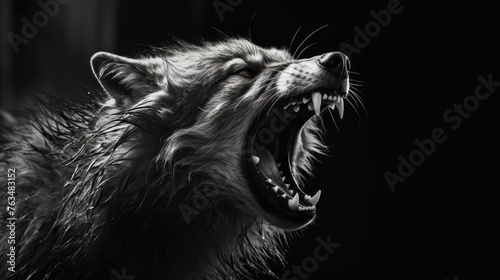 The wolf growls menacingly with its teeth wide open. A wild animal in its natural habitat before attacking its prey. Illustration for cover, card, postcard, interior design, decor or print.