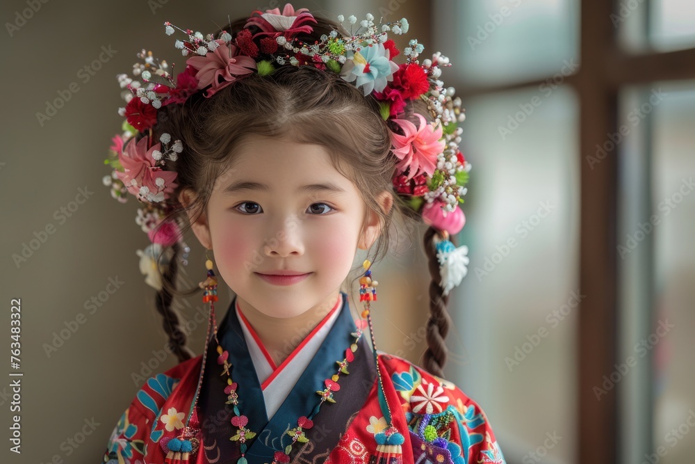 A young girl wearing a colorful flowered headdress A young girl wearing a colorful flowered headdress